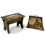 A bargeware stool decorated with painted roses and central country house scene, 46cms (14ins)