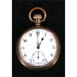 A gold plated open faced pocket watch, the enamel dial with Arabic numerals and subsidiary