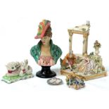 A Capodemonte style table lamp, an Italian ceramic group of a cat and her kittens; and other items.