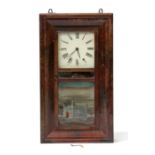 A Victorian American mahogany wall clock, the painted dial with Roman numerals, 43cms (17ins) wide.