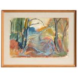 Mavis Budd, 20th Century School, figure in a forest, signed lower right corner, Gouache