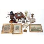 A silver cigarette case; a silver napkin ring; a mahogany desk stand; and other items.