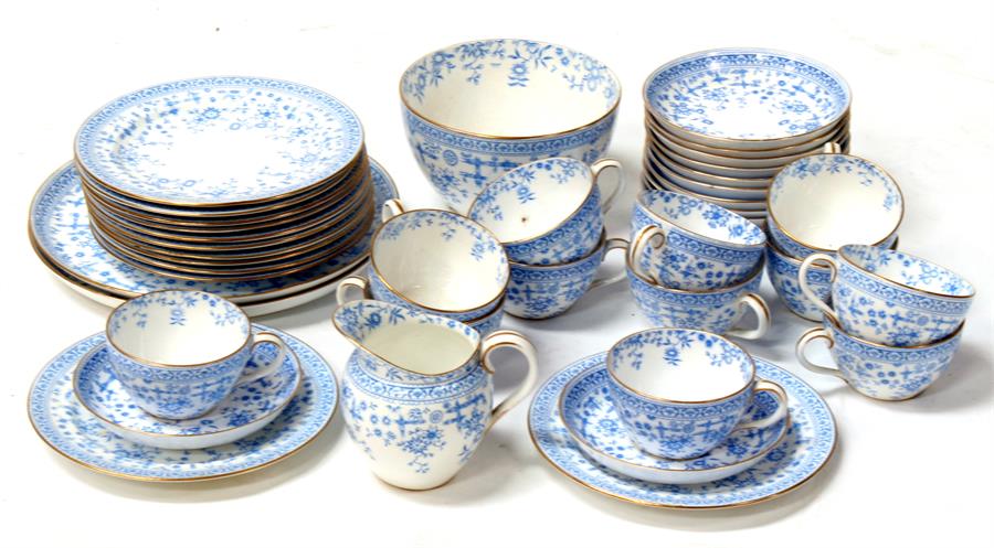 A Royal Crown Derby Osborne pattern blue & white teaset, transfer printed in the Japanese style.