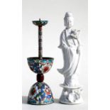 A Chinese cloisonne pricket candlestick with two character mark to underside, 19cms (7.5ins) high; a