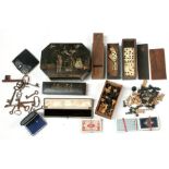 A chinoiserie pen box; a lacquer box; a quantity of old keys; domino sets, chess sets and other