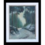 Christopher Richards - Snowy Woodland Road - signed lower right, oil on board, framed, 45 by
