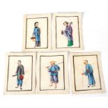 Five Chinese paintings on pith paper, depicting figures, each 7 by 10cms (2.25 by 4ins) (5).