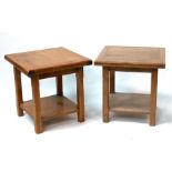 A pair of modern oak occasional tables with undertier, standing on square chamfered legs, 57cms (
