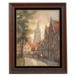 L Walter - Street Scene with Cathedral in Background, signed lower right, oil on canvas, framed,