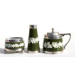 A three piece Wedgwood cruet set with Hukin & Heath silver plated mounts.