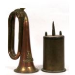 A WWII trench art pot & cover, 21cms (8.25ins) high; together with a copper & brass bugle (2).