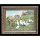 W Weeks - A Donkey and Geese - signed lower right, oil on board, framed, 28 by 20cms (11 by 8ins).