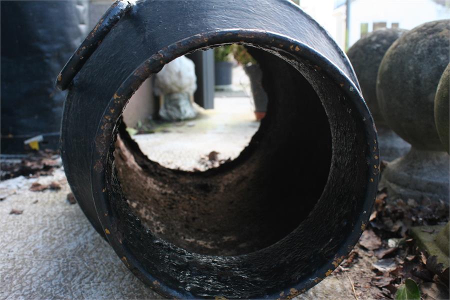 Three Carmarthen black painted milk churns, 67cms (26.5ins) high (a/f) (3). - Image 2 of 3