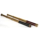 A brass mahogany bound three-draw pocket telescope, 43cms (17ins) extended; together with an Embeeco