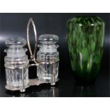 A mottled green Art Glass vase, 23cms (9ins) high; together with a two-bottle condiment set on