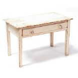 A 19th century painted pine side table with single frieze drawer and square tapering legs, 75cms (