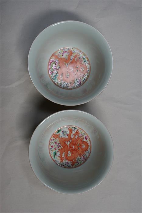 A pair of Chinese bowls decorated with dragons and flowers, with blue seal mark to underside, - Image 5 of 13