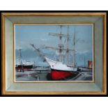 T M Dujardin ? (Modern British) - Tall Ship in Dock - signed lower right, oil on canvas, framed,