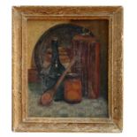Early 20th century School - Still Life of a Bottle, Jar of Pickled Fruit and a Wooden Spoon - oil on