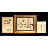 A pair of Chinese watercolour paintings of butterflies and flowers, mounted as one, 12 by 17cms (4.