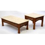 A pair of marble topped conservatory coffee tables, 124cm (48.75ins) & 70cm 27.5ins) wide