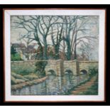 Henry Gilbert, St Ives School - Bridge over River - signed to verso, oil on board, framed, 65 by