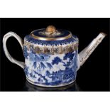 An 18th century Chinese blue & white teapot, decorated with trees and pagodas, with gilt highlights,