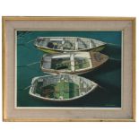 Geoff Biggs, three moored rowing boats, signed lower right corner, oil on board, framed, 39cm x 29cm