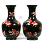 A pair of Chinese vases decorated with goldfish on a black ground, 31cms (12.25ins) high (2).