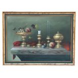 Molnary - Still Life of Fruit & Vases - oil on canvas, framed, 69 by 49cms (27.25 by 19.25ins).