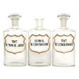Three glass chemists bottles, marked 'Tint de Tripa Da Judas', 'Tinct de Condurango' and 'Extr.