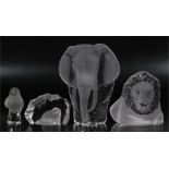 A Mats Johansson frosted crystal glass paperweight in the form of an elephant, 21cms (8.25ins) high;