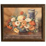 Phyllis K Harrison, still life with flowers, statue and a jug, signed lower right corner,