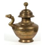 A large South Indian Kindi bronze water pot with engraved scrolling foliate decoration and peacock