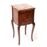 A French marble topped pot cupboard, the figured rouge marble top above a single drawer with