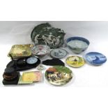 A quantity of assorted items including a Continential porcelain figural plaque, a Chinese blue &