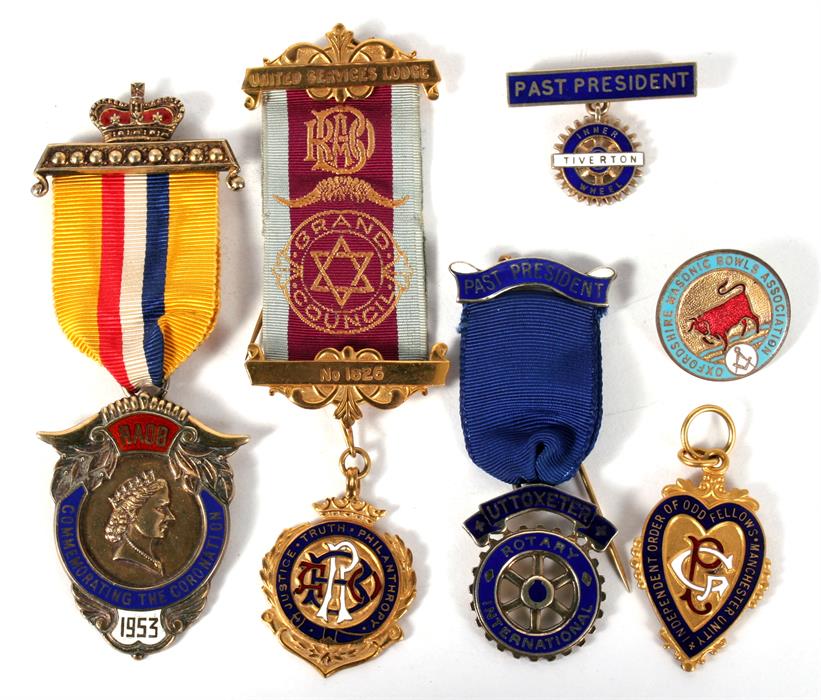 An RAOB 1953 Coronation silver & enamel medallion; a Rotary silver & enamel medallion; and other