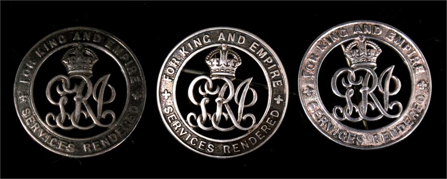 Three WW1 Silver War Badges for Services Rendered numbered to the reverse 295020, B111593 & B21398