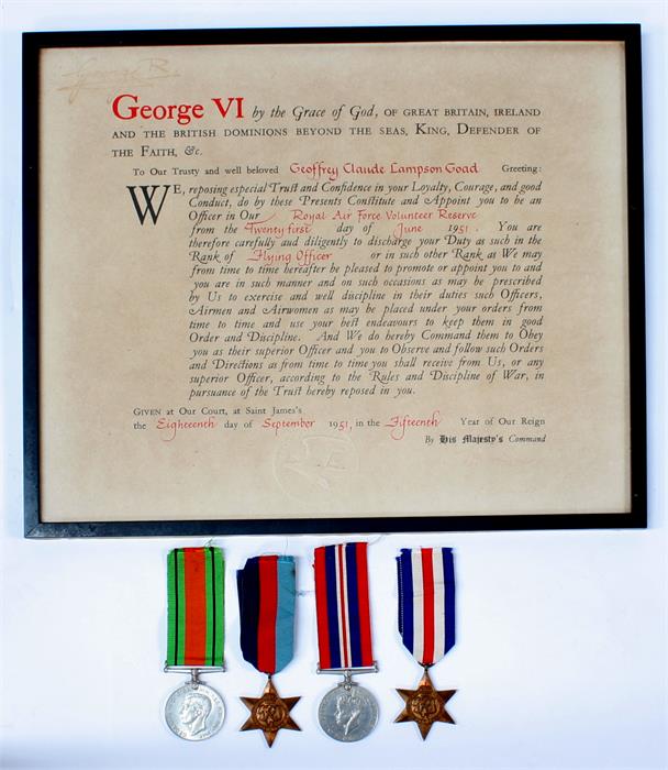 A Royal Air Force Promotion Warrant to Flying Officer GCL Goad with a WW2 unnamed medal group of