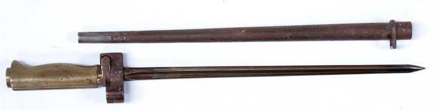 A WW2 French Lebel bayonet in its steel scabbard. Having a brass hilt and shortened cruciform blade. - Image 2 of 2