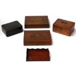 A French ebonised jewellery box; a stripped pine jewellery box; a small inlaid mahogany tray and