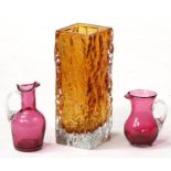 A Whitefriars style square form textured orange vase, 21cms (8.25ins) high; together with two