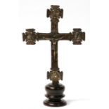 A 17th century continental (possibly Spanish) silver plated on copper processional crucifix, mounted