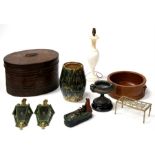 A large stoneware glazed bowl; a reproduction cast iron money box; and other items (box).