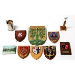 An assortment of military shields a 3rd Armoured Division tankard and a Clyde submarine base trophy