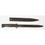 A WW2 Third Reich Mauser knife bayonet in its steel scabbard. The scabbard is marked: F.W.Holler