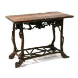 A Chinese root wood table, 106cms (41.75ins) wide; together with a root wood plant stand (2).
