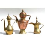 A Turkish / Islamic brass dallah coffee pot, 29cms (11.5ins) high; a large copper & brass coffee