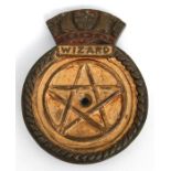 A hand painted bronze ships crest from the WW2 W-class destroyer HMS Wizard. 16cms (6.25ins) high by
