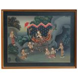 A Thai painting depicting figures and carriage, signed lower right, framed & glazed, 70 by 53cms (